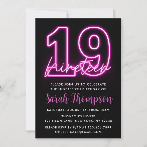 Neon Pink 19th Birthday Invitation