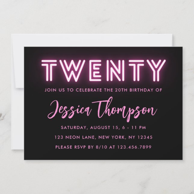 Neon Pink 20th Birthday Invitation (Front)