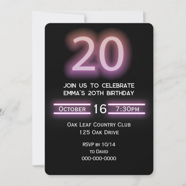 Neon Pink 20th Birthday Party Invitation (Front)