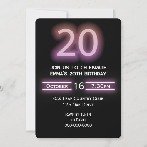 Neon Pink 20th Birthday Party Invitation