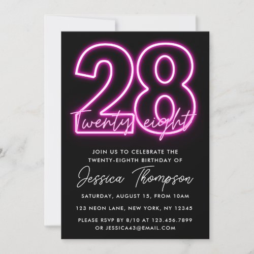 Neon Pink 28th Birthday Invitation