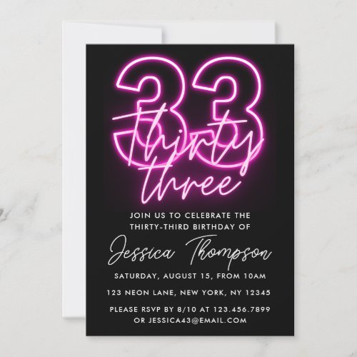 Neon Pink 33rd Birthday Invitation