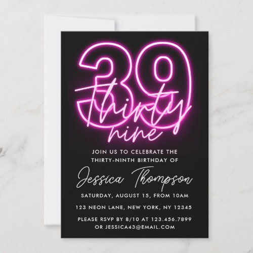 Neon Pink 39th Birthday Invitation