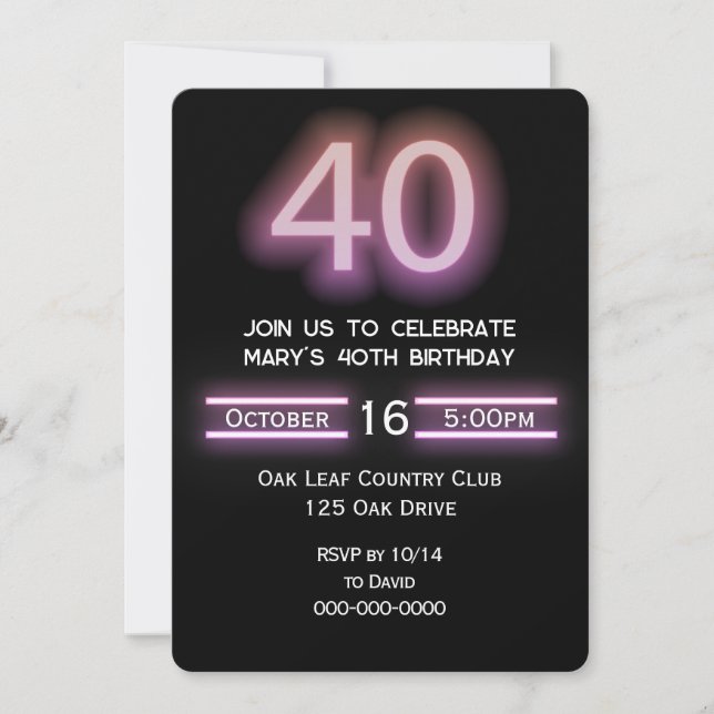 Neon Pink 40th Birthday Party Invitation (Front)