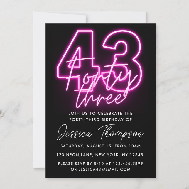 Neon Pink 43rd Birthday Invitation (Front)