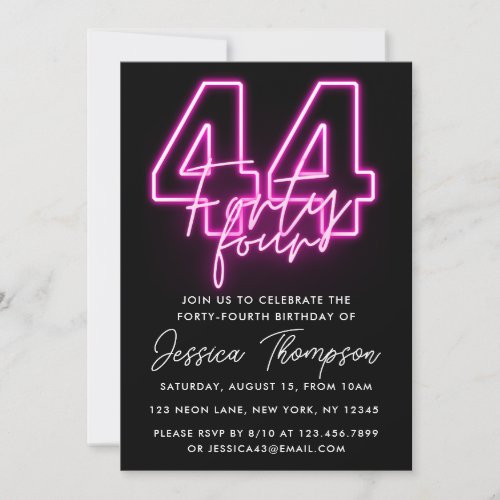 Neon Pink 44th Birthday Invitation