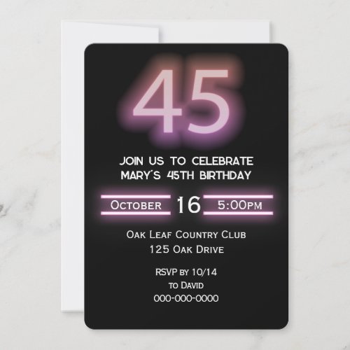 Neon Pink 45th Birthday Party Invitation