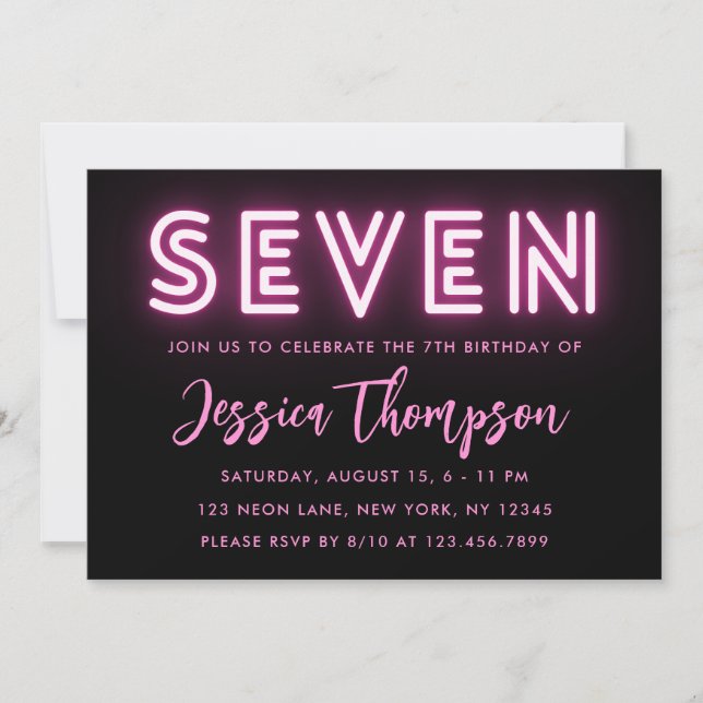 Neon Pink 7th Birthday Invitation (Front)