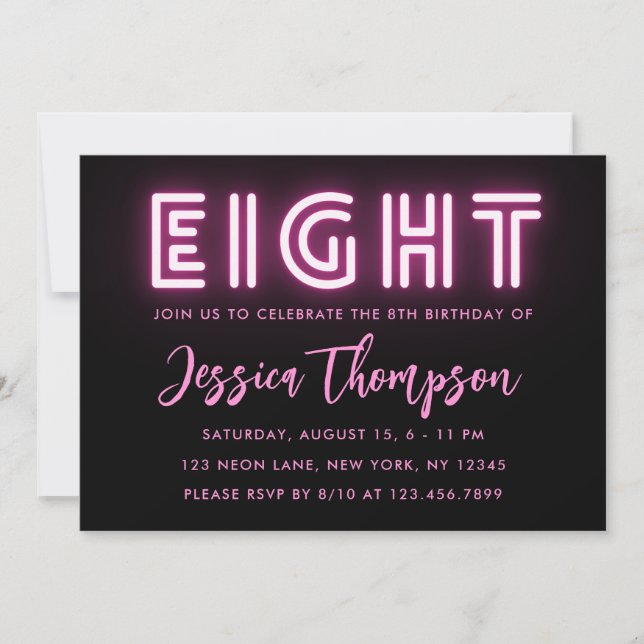 Neon Pink 8th Birthday Invitation (Front)