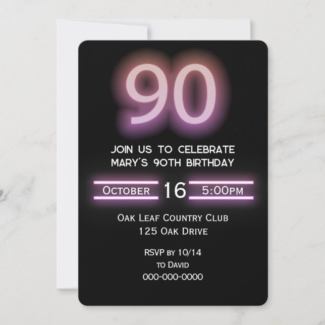 Neon Pink 90th Birthday Party Invitation (Front)