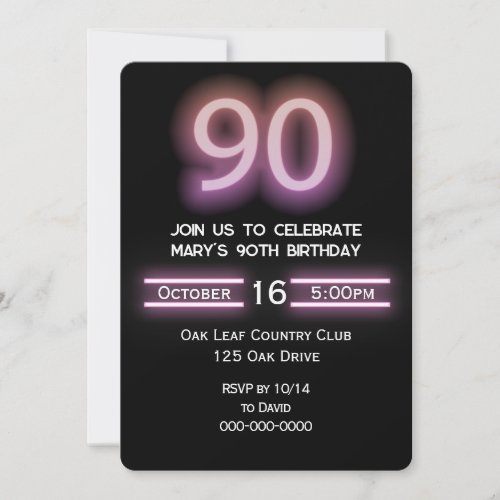 Neon Pink 90th Birthday Party Invitation