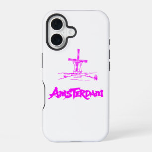 Neon Pink Amsterdam Windmill Sketch Modern Black iPhone 16 Case