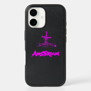Neon Pink Amsterdam Windmill Sketch Modern Black iPhone 16 Case