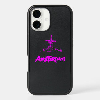 Neon Pink Amsterdam Windmill Sketch Modern Black iPhone 16 Case