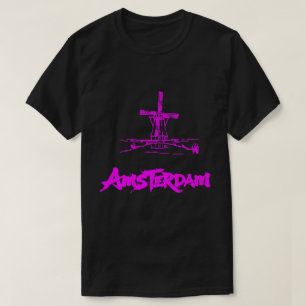 Neon Pink Amsterdam Windmill Sketch Modern Black T-Shirt