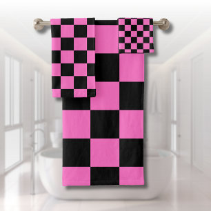Neon Pink and Black Checkered Checkerboard Vintage Bath Towel Set
