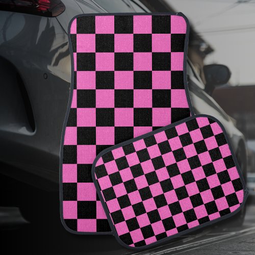 Neon Pink and Black Checkered Checkerboard Vintage Car Floor Mat
