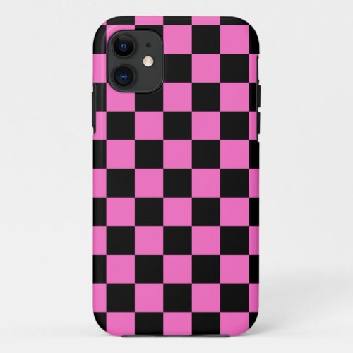 Neon Pink and Black Checkered Checkerboard Vintage iPhone 11 Case