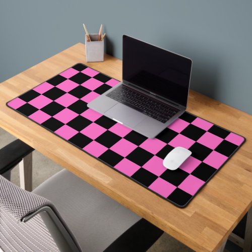 Neon Pink and Black Checkered Checkerboard Vintage Desk Mat