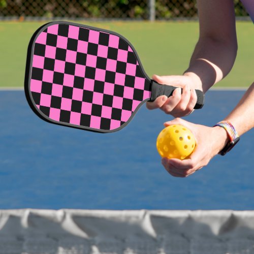 Neon Pink and Black Checkered Checkerboard Vintage Pickleball Paddle