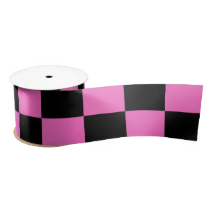 Neon Pink and Black Checkered Checkerboard Vintage Satin Ribbon