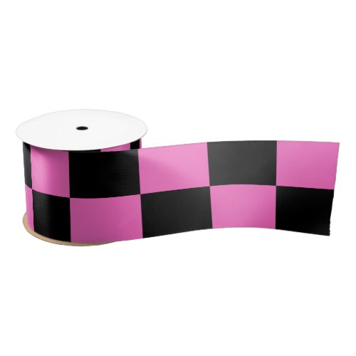 Neon Pink and Black Checkered Checkerboard Vintage Satin Ribbon
