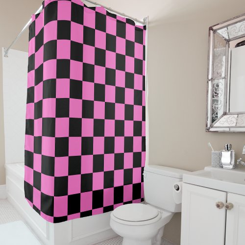 Neon Pink and Black Checkered Checkerboard Vintage Shower Curtain