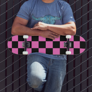 Neon Pink and Black Checkered Checkerboard Vintage Skateboard