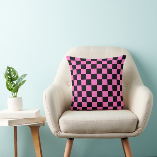 Neon Pink and Black Checkered Checkerboard Vintage Throw Pillow