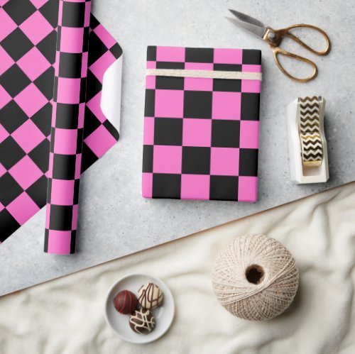 Neon Pink and Black Checkered Checkerboard Vintage Wrapping Paper