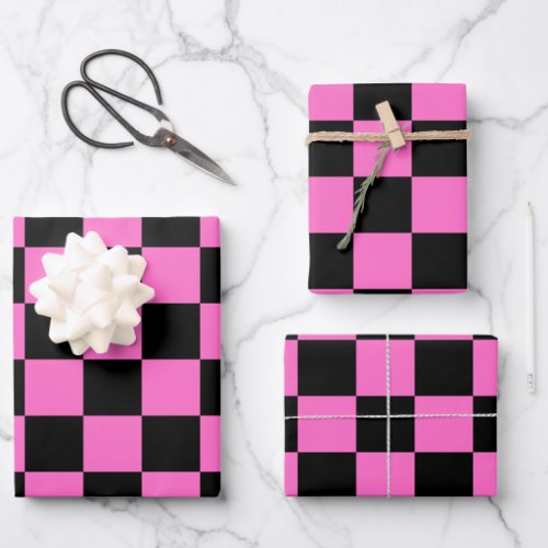 Neon Pink and Black Checkered Checkerboard Vintage Wrapping Paper Sheets