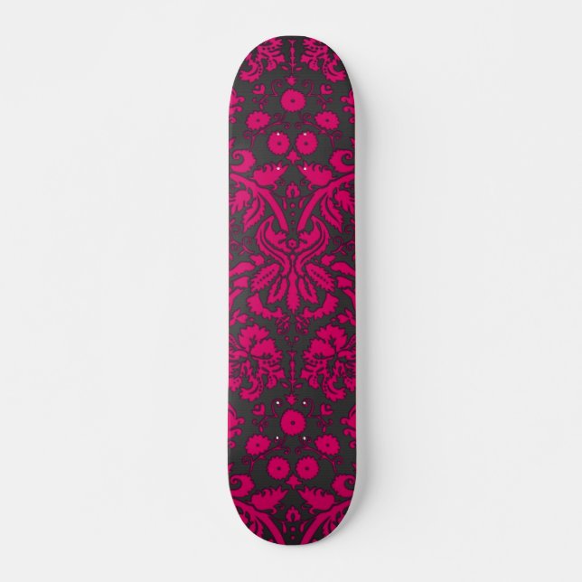 Neon Pink and Black Damask Skateboard (Front)