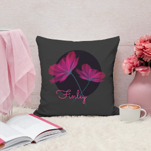 Neon pink and black flowers with names Floral Throw Pillow
