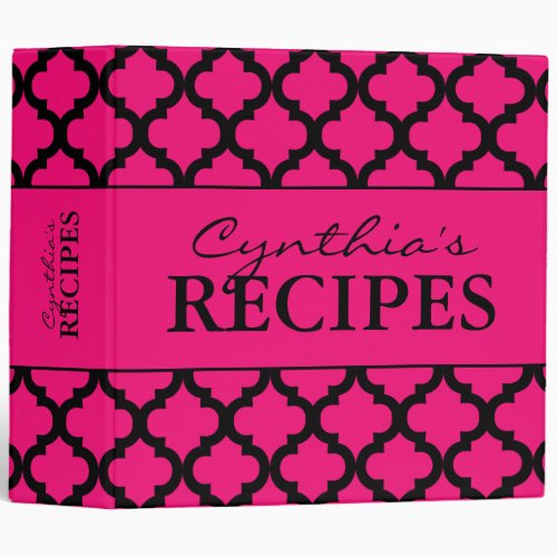 Neon pink and black quatrefoil recipe binder book