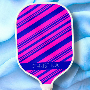 Neon Pink and Blue Stripes Modern Custom Name Pickleball Paddle