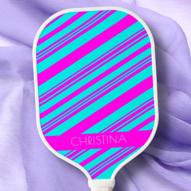 Neon Pink and Blue Stripes Trendy Stylish Name Pickleball Paddle (Creator Uploaded)