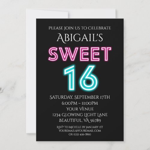 Neon Pink and Blue Sweet Sixteen Glow Birthday Invitation