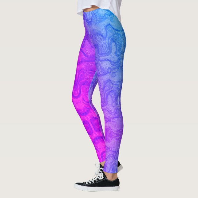 Neon Pink and Blue Swirled Colorful Stripes Leggings (Left)