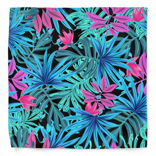 Neon Pink and Blue Tropical Plant Pattern Bandana (Front)