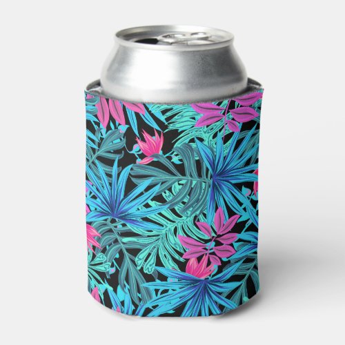 Neon Pink and Blue Tropical Plant Pattern Can Cooler