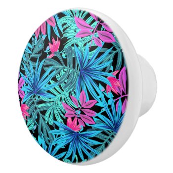 Neon Pink And Blue Tropical Plant Pattern Ceramic  Ceramic Knob by MissMatching at Zazzle