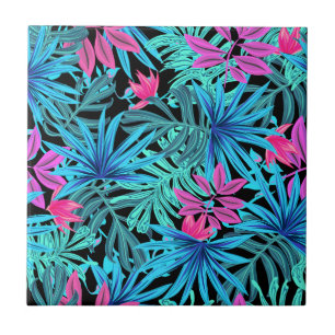 Neon Pink and Blue Tropical Plant Pattern Ceramic Tile