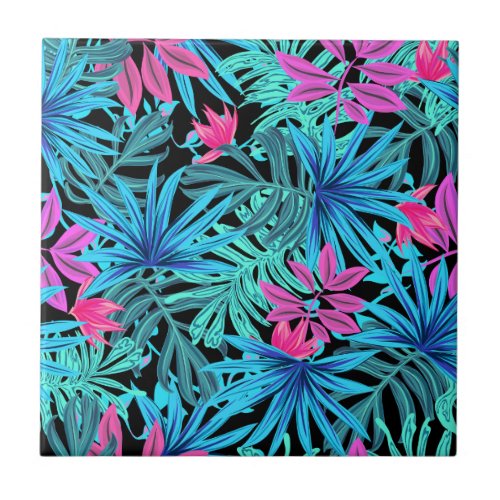 Neon Pink and Blue Tropical Plant Pattern Ceramic Tile