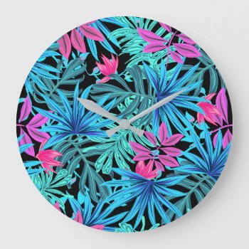 Neon Pink And Blue Tropical Plant Pattern Large Cl Large Clock by MissMatching at Zazzle