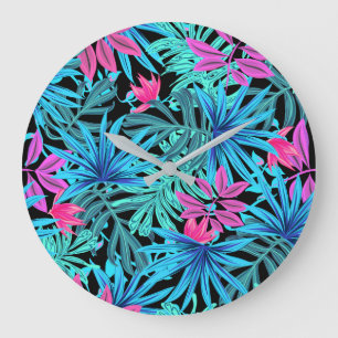 Neon Pink and Blue Tropical Plant Pattern Large Clock