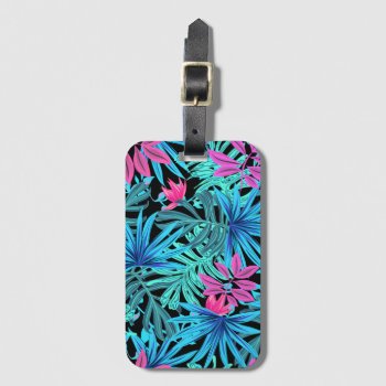 Neon Pink And Blue Tropical Plant Pattern Luggage Tag by MissMatching at Zazzle
