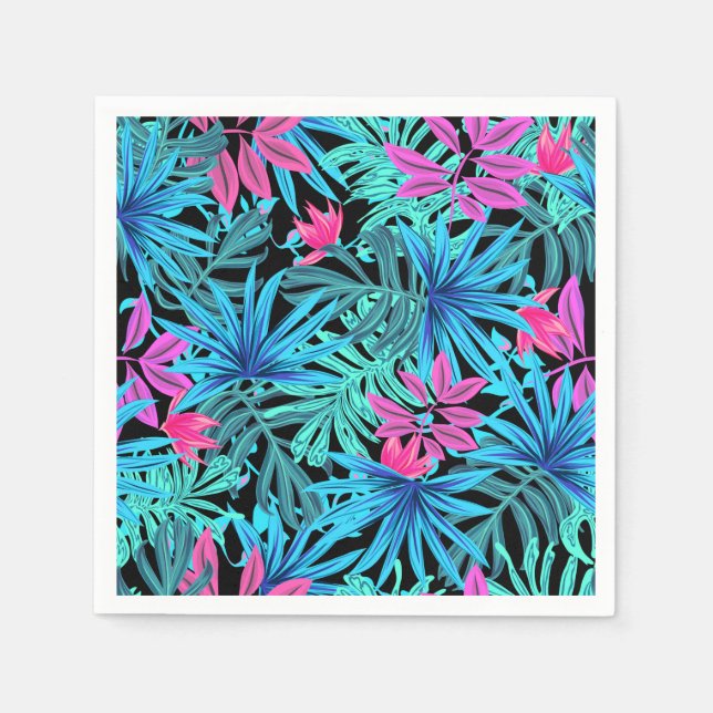 Neon Pink and Blue Tropical Plant Pattern Napkins (Front)