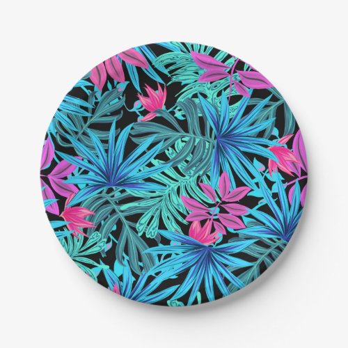 Neon Pink and Blue Tropical Plant Pattern Paper Plates