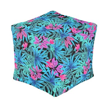 Neon Pink And Blue Tropical Plant Pattern Pouf by MissMatching at Zazzle