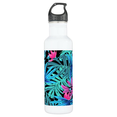 Neon Pink and Blue Tropical Plant Pattern Stainless Steel Water Bottle
